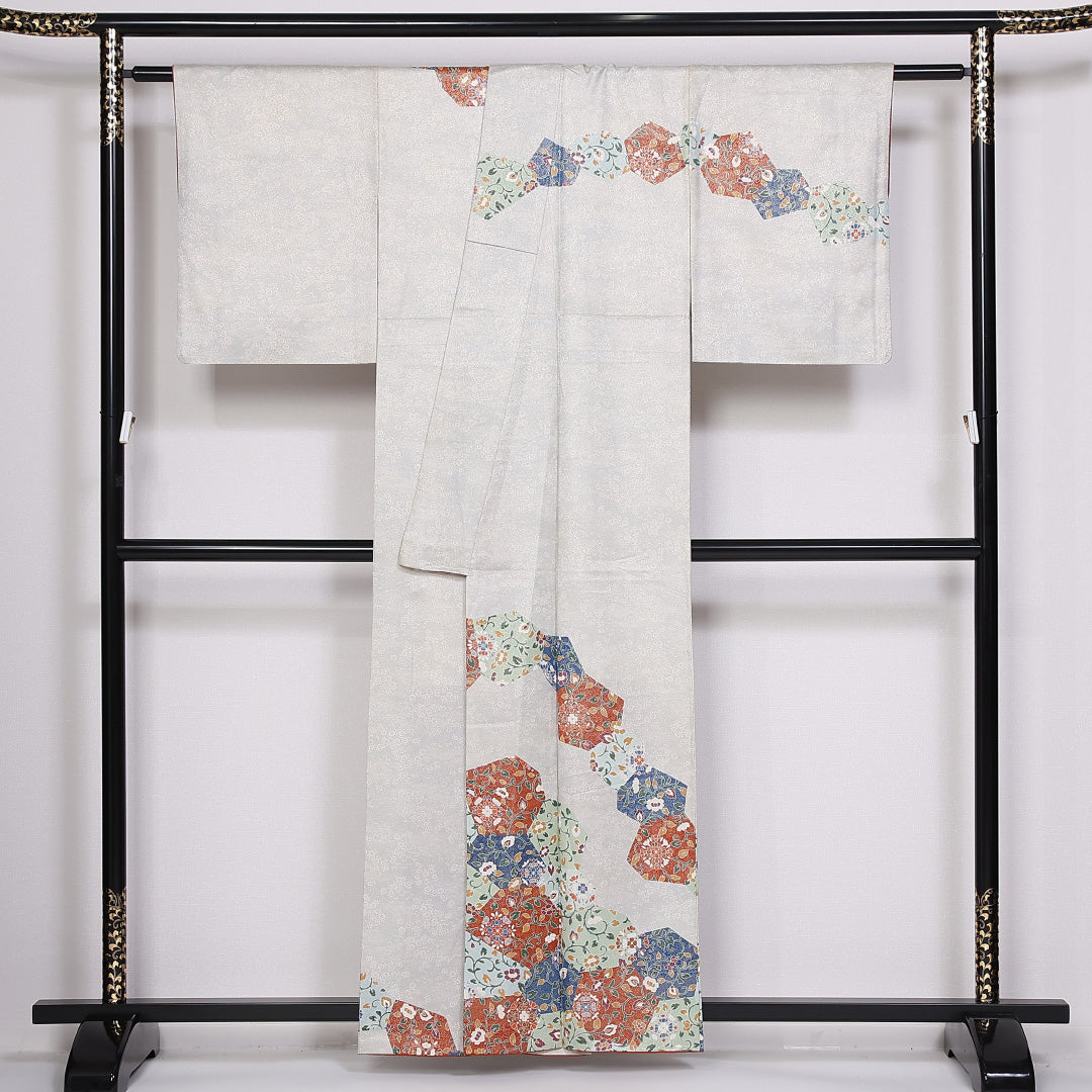 訪問着 袷 身丈158cm 裄丈63cm 正絹 Sランク セミフォーマル 広衿 Mサイズ 金通し 唐華 銀系 RP 1217-04830