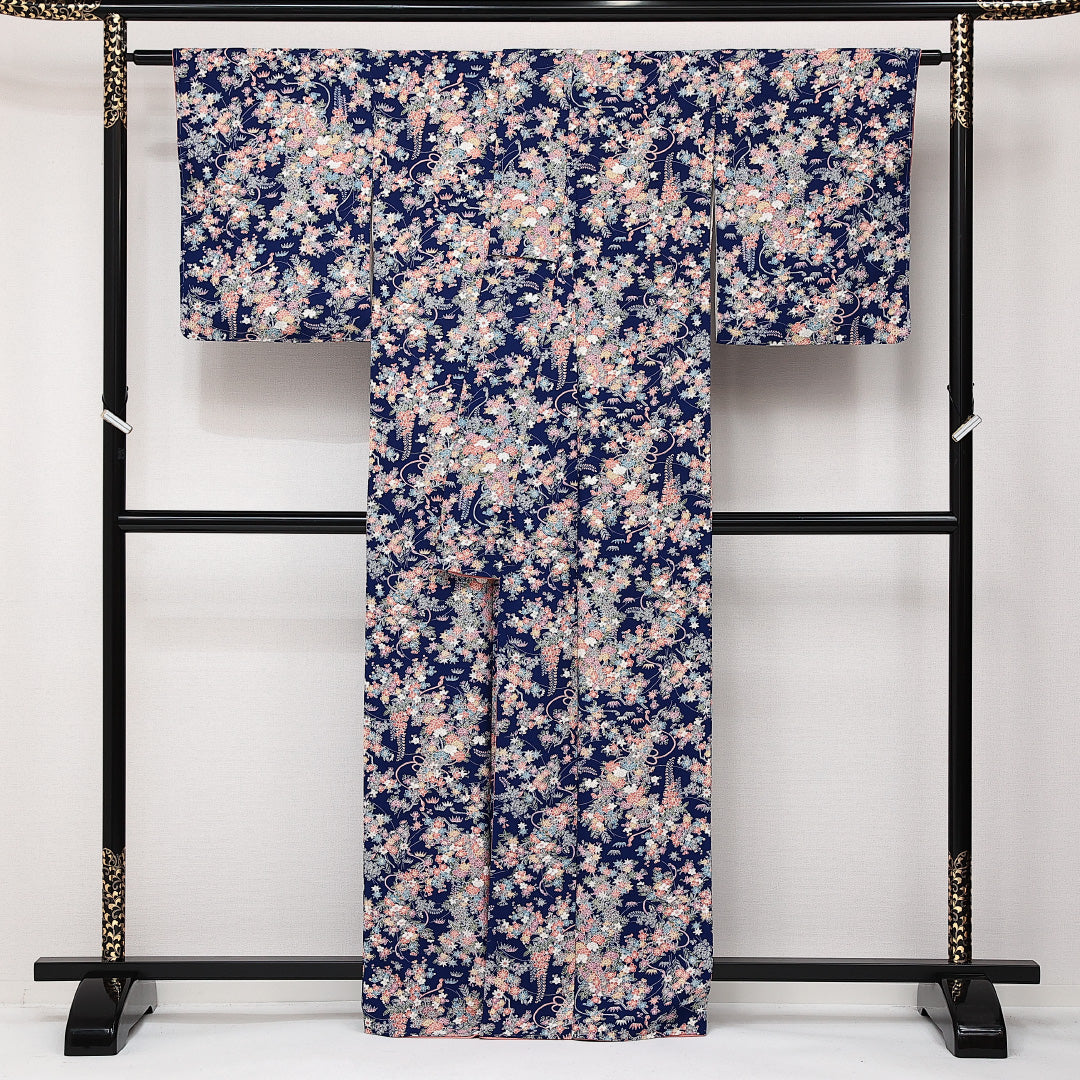 洗える着物 小紋 袷 身丈163cm 裄丈64cm ポリエステル Sランク インフォーマル 広衿 Lサイズ 花柄 紺系 RP 1221-14172
