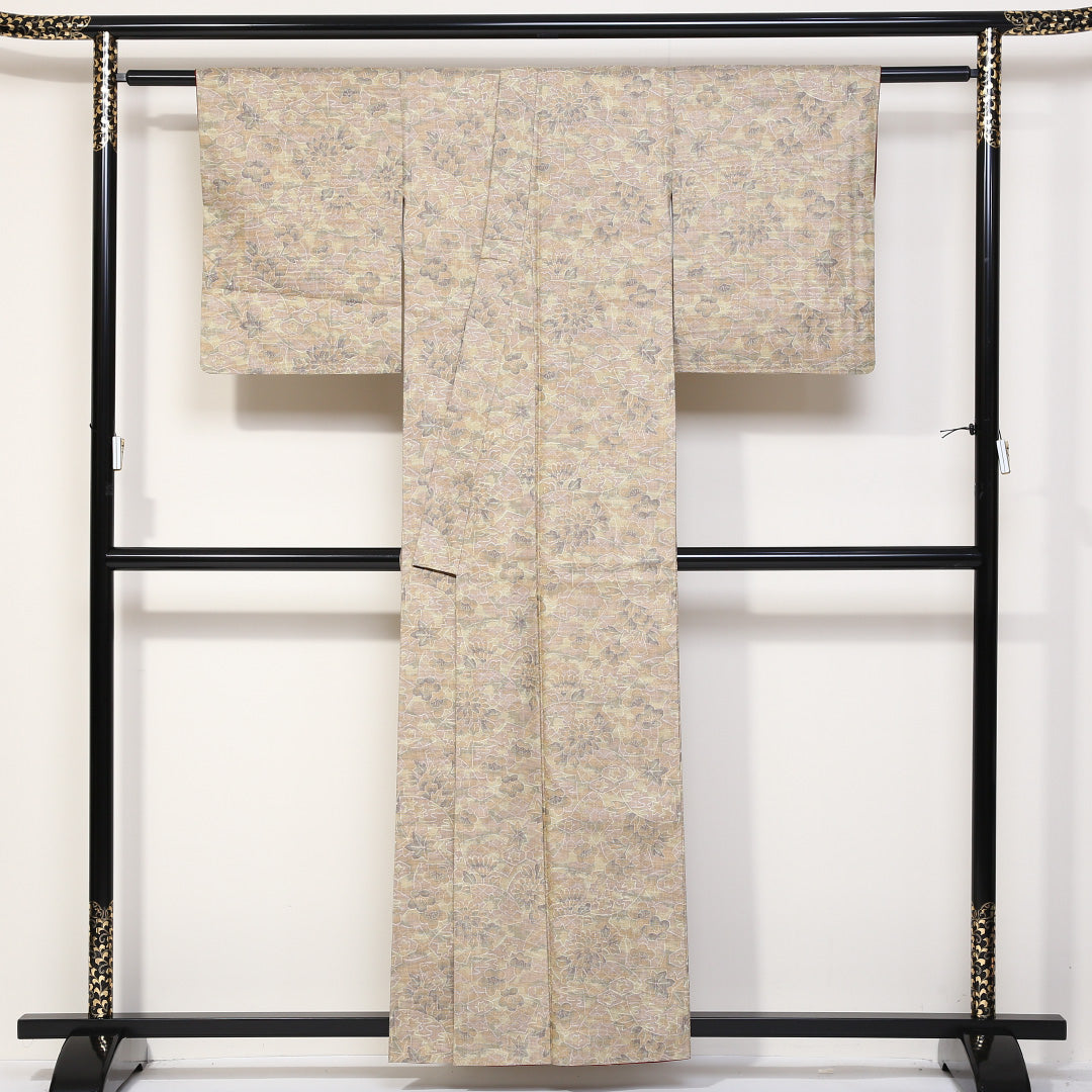 紬 袷 身丈156cm 裄丈62cm 正絹 Sランク カジュアル バチ衿 Mサイズ 花柄 植物柄 ベージュ系 RP 1223-03121