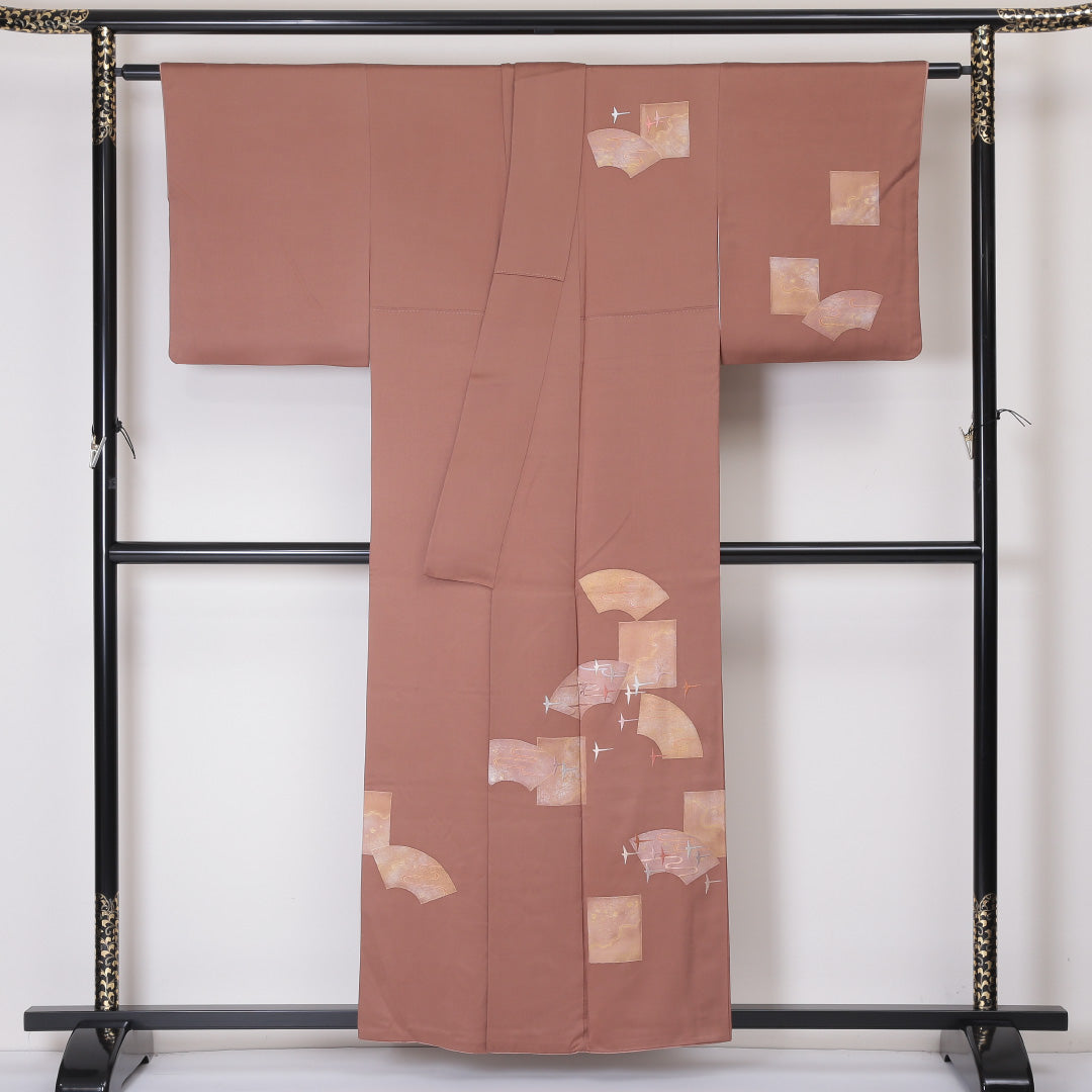 訪問着 袷 身丈156cm 裄丈63cm 正絹 Sランク Mサイズ 広衿 セミフォーマル 鳥 扇 引箔 刺繍 茶系 1212-04487