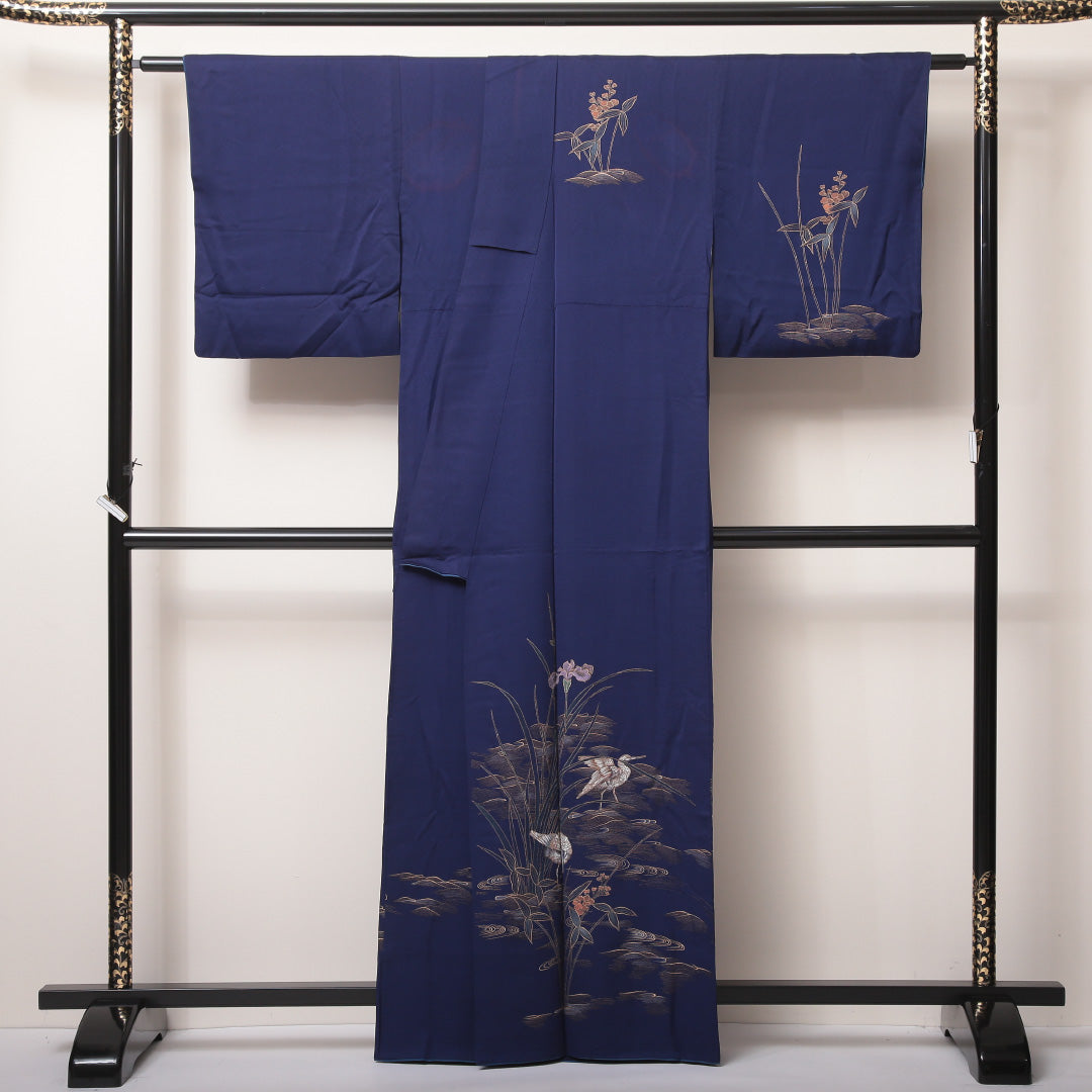 訪問着 袷 身丈160~164cm 裄69cm 正絹 鴛鴦や菖蒲 金彩 青系 Bランク 1212-00594