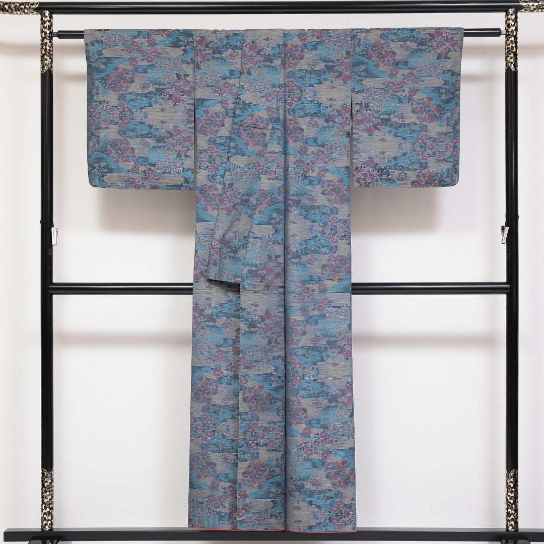 紬 袷 身丈150cm 裄63cm 正絹 青系 Sランク 色大島 1216-00711-2217