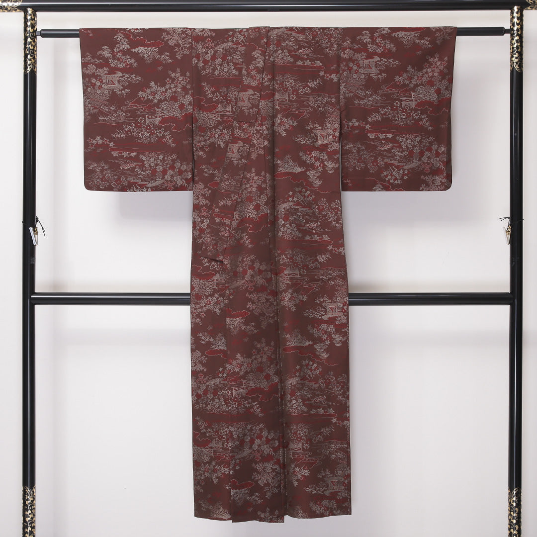 アンティーク お召 単衣 身丈141cm 裄丈63cm 正絹 Aランク バチ衿 XSサイズ 茶屋辻 茶系 RP 1222-03447