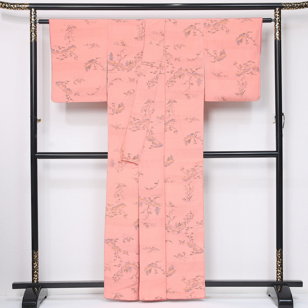 小紋 袷 身丈160cm 裄丈64cm 正絹 Sランク インフォーマル 広衿 Lサイズ 茶屋辻 ピンク系 RP 1221-12040