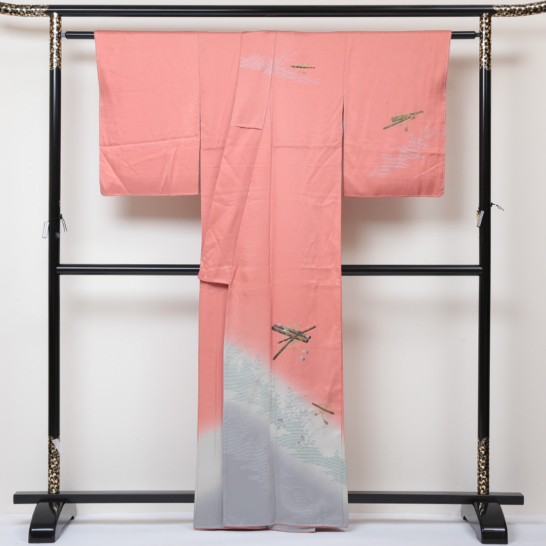 訪問着 袷 身丈165cm 裄丈65cm 正絹 Bランク セミフォーマル 広衿 XLサイズ ぼかし染 金彩 螺鈿 横笛 植物柄 ピンク系 PO 1217-04313