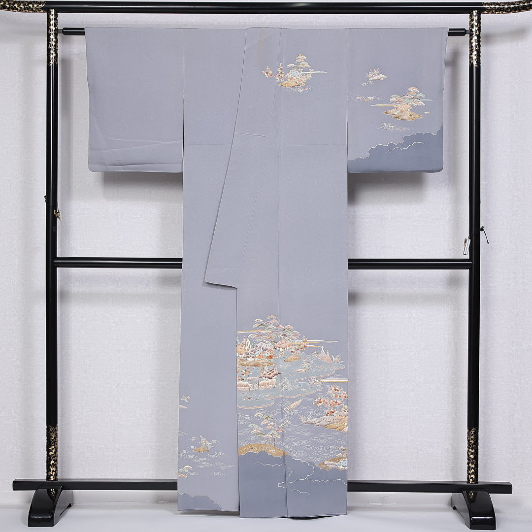 訪問着 身丈159cm 裄丈61.5cm Aランク 袷 一つ紋 正絹 広衿 剣片喰 刺繍 茶屋辻 風景 1212-10207