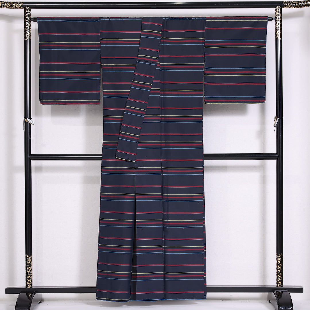 大島紬 袷 身丈158cm 裄69cm 正絹 縞 紺系 Aランク 1216-01473
