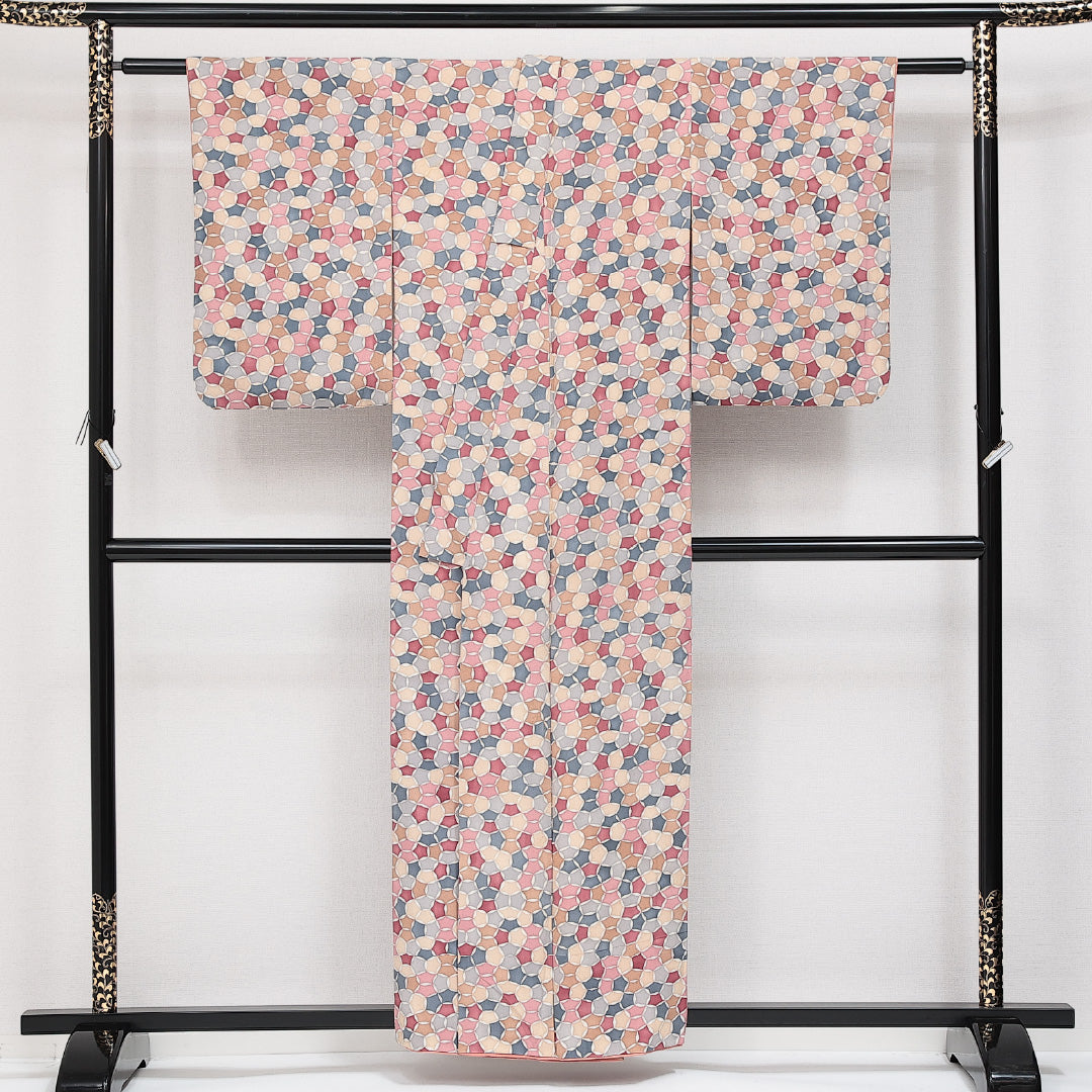 小紋 袷 身丈156cm 裄丈63cm 正絹 Aランク インフォーマル バチ衿 Mサイズ 七宝 多色系 RP 1221-14577