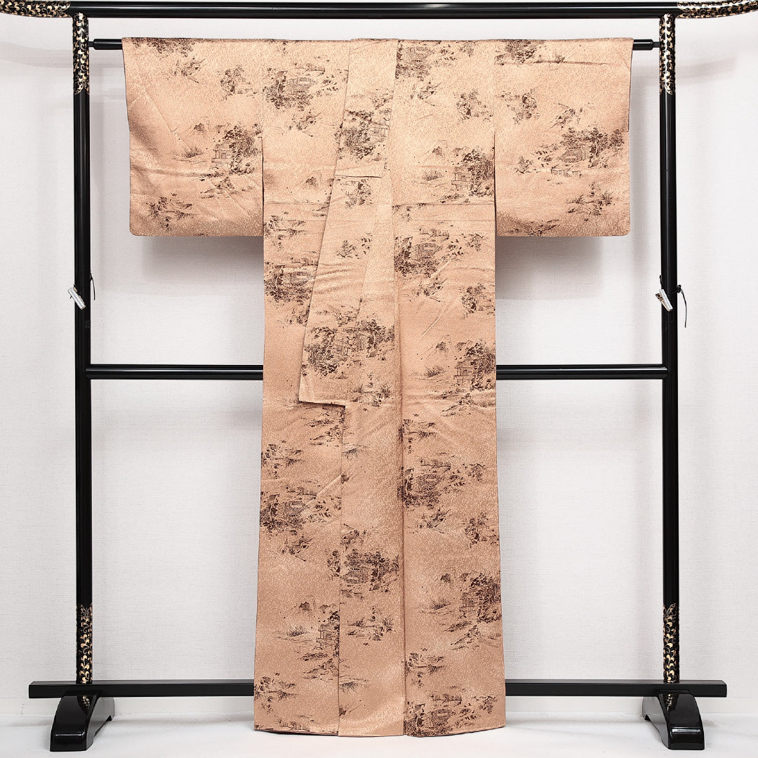 小紋 袷 身丈161cm 裄丈64cm 正絹 Sランク インフォーマル 広衿 Lサイズ 茶屋辻 金系 RP 1221-14152