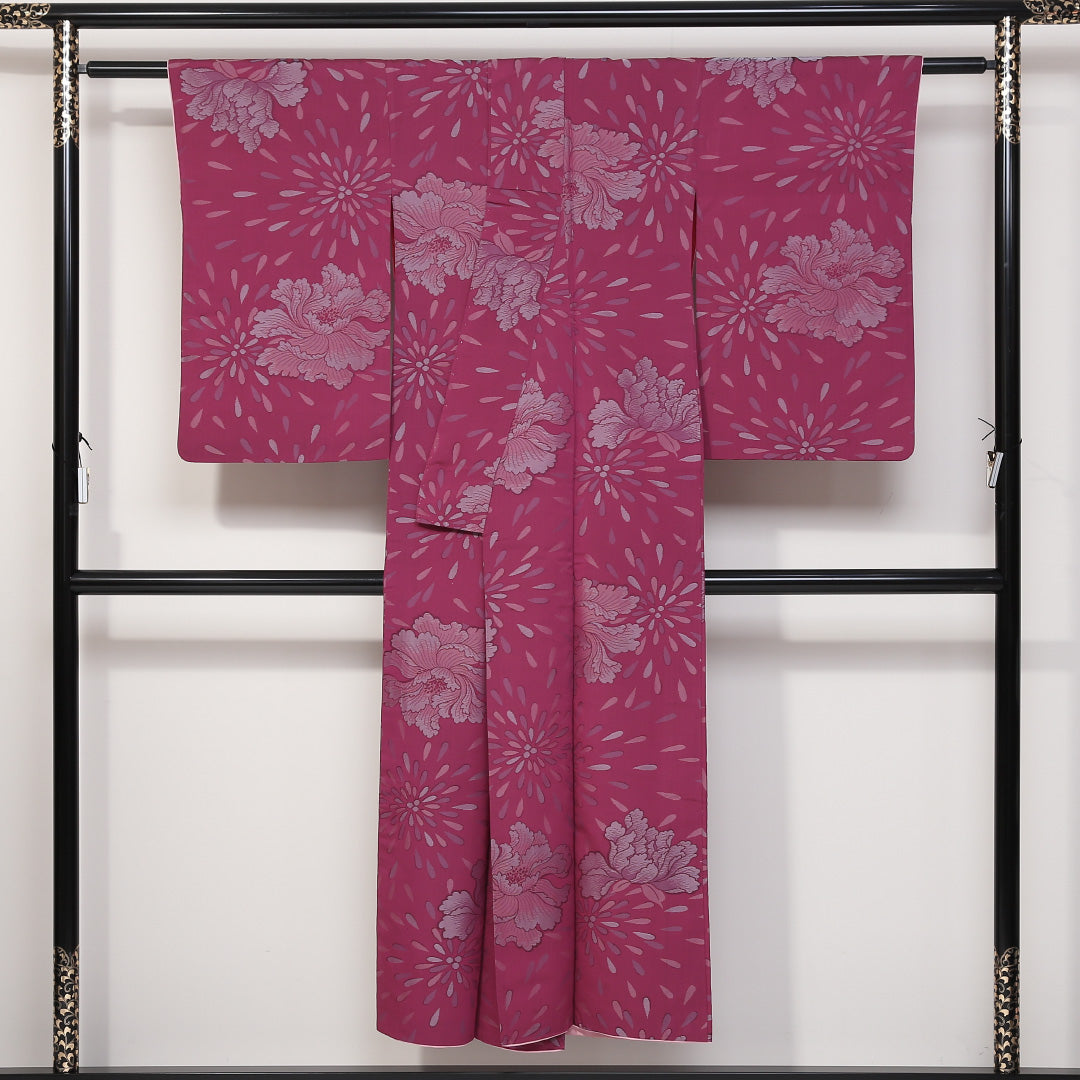 アンティーク 紬 袷 身丈146cm 裄62.5cm 正絹 ピンク系 Aランク 牡丹 1216-00650-3113