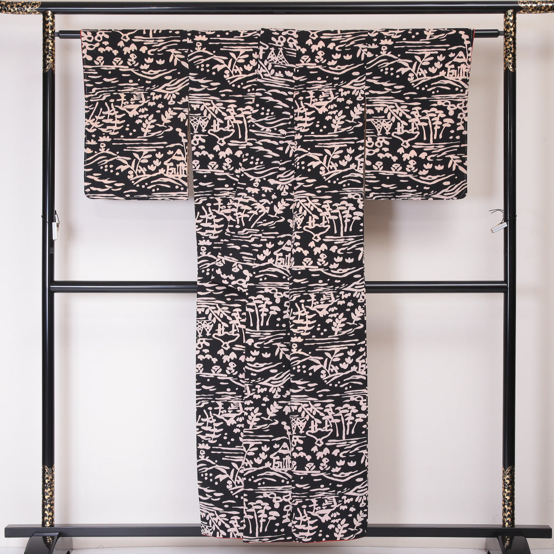 小紋 袷 身丈153cm 裄丈31cm 正絹 Cランク インフォーマル 広衿 Sサイズ 茶屋辻 黒系 LP 1221-02091
