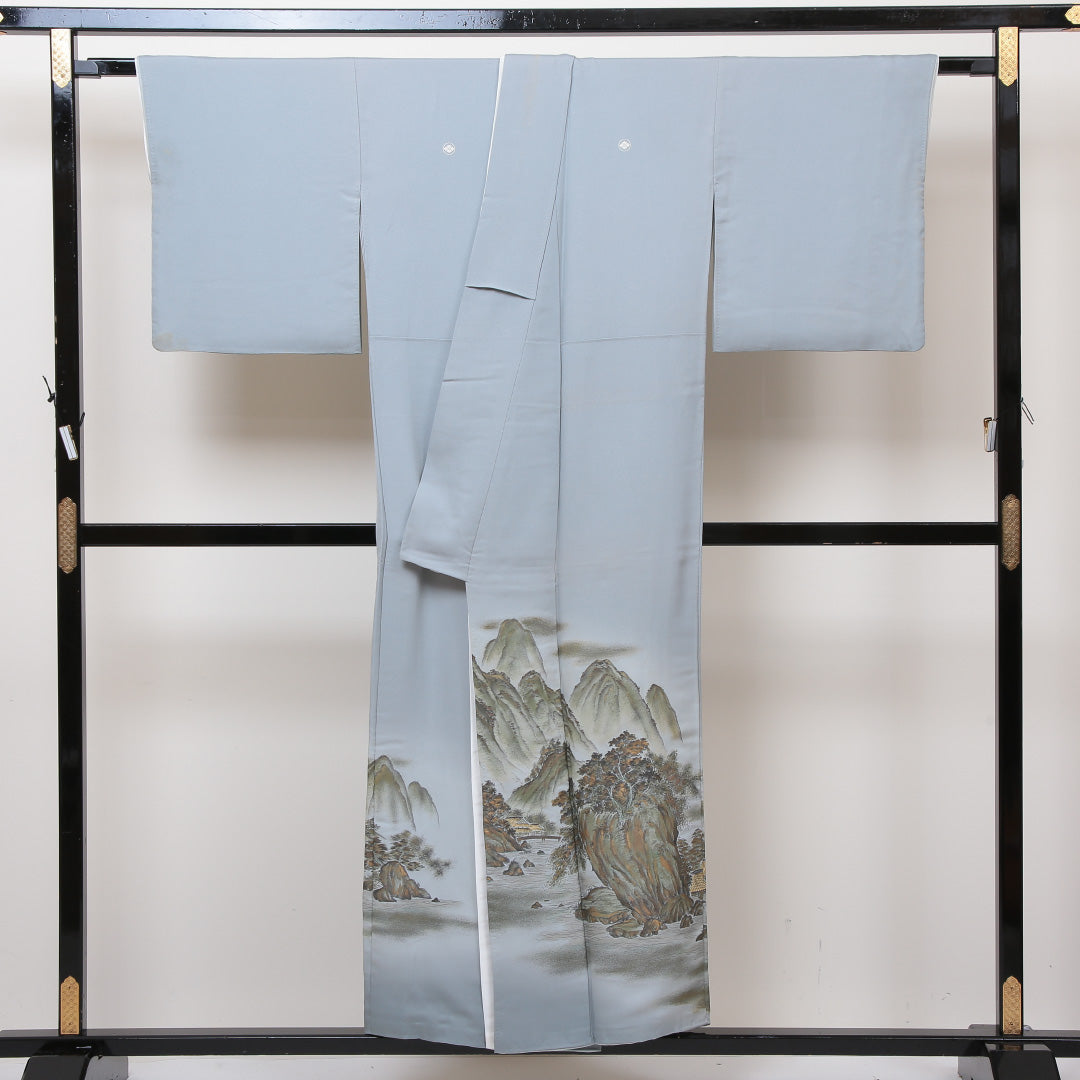 色留袖 五つ紋 丸に花菱 身丈151cm 裄丈66.5cm Cランク 正絹 袷 広衿 S 山水 丸に花菱 フォーマル 青系 1211-F0174