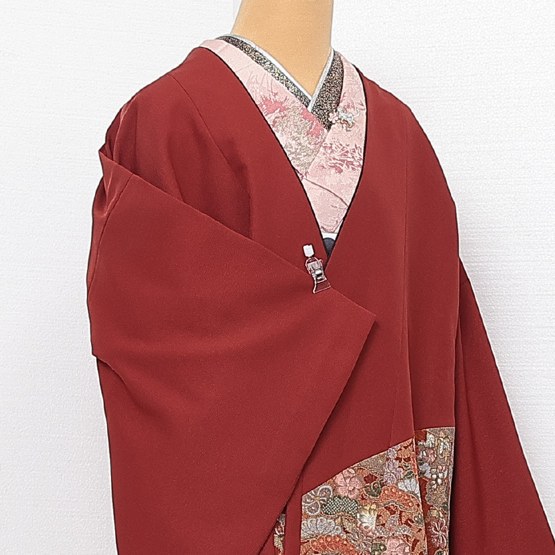 洗える着物 道中着 袷 身丈83cm 裄丈67cm ポリエステル Sランク セミフォーマル Mサイズ 辻が花調 花柄 朱系 RP 1236-13899