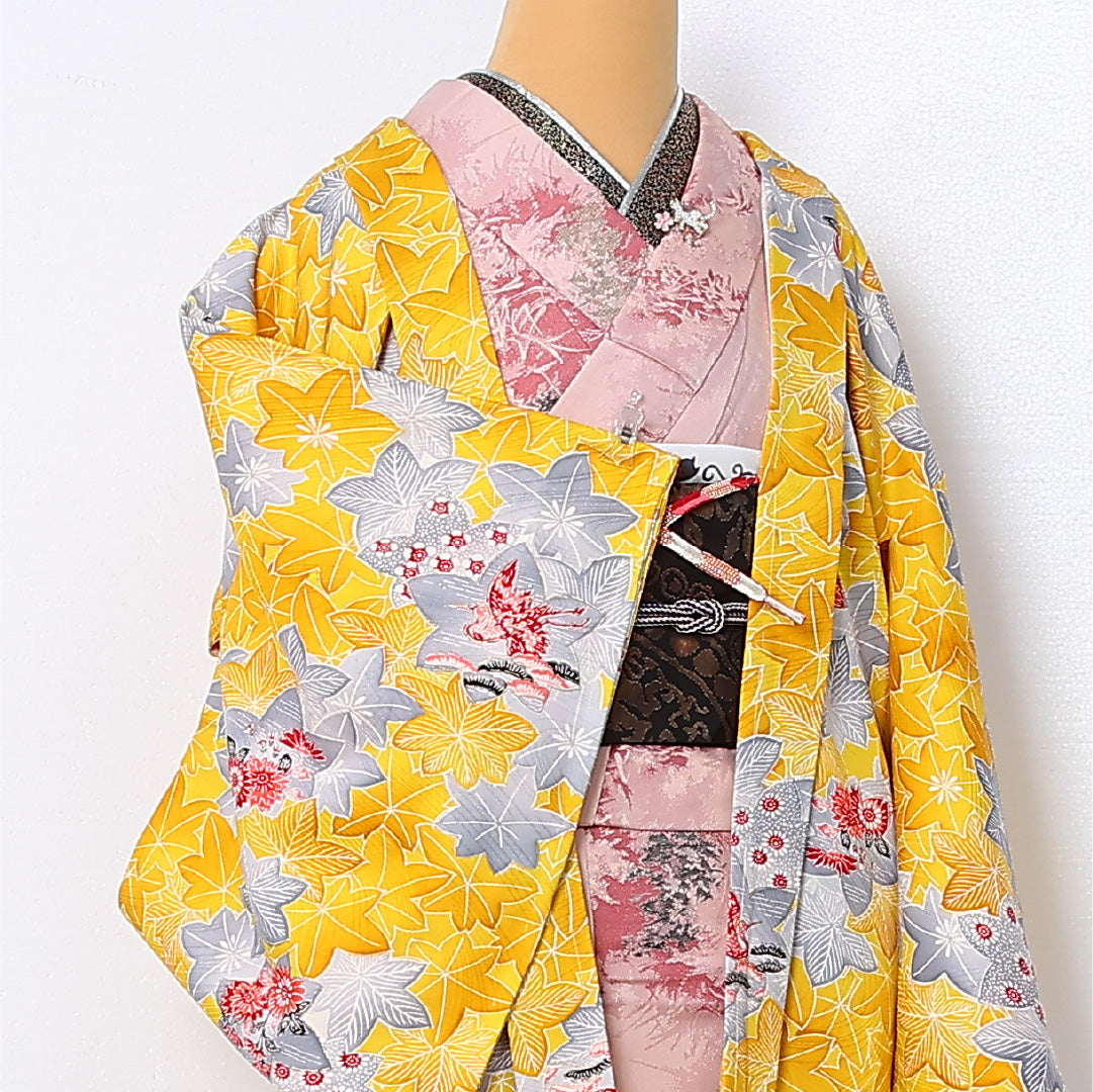 羽織 袷 身丈82cm 裄丈64cm 正絹 Aランク カジュアル Mサイズ 紐あり 鶴 楓 吉祥文様 黄系 HP 1232-12819