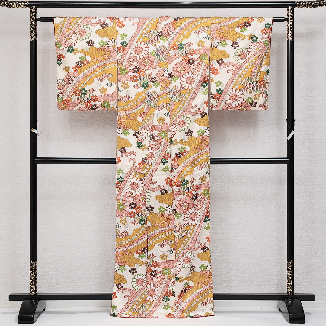 小紋 袷 身丈163cm 裄丈65cm 正絹 Sランク インフォーマル バチ衿 Lサイズ 金彩 吉祥文様 黄系 RP 1221-14298