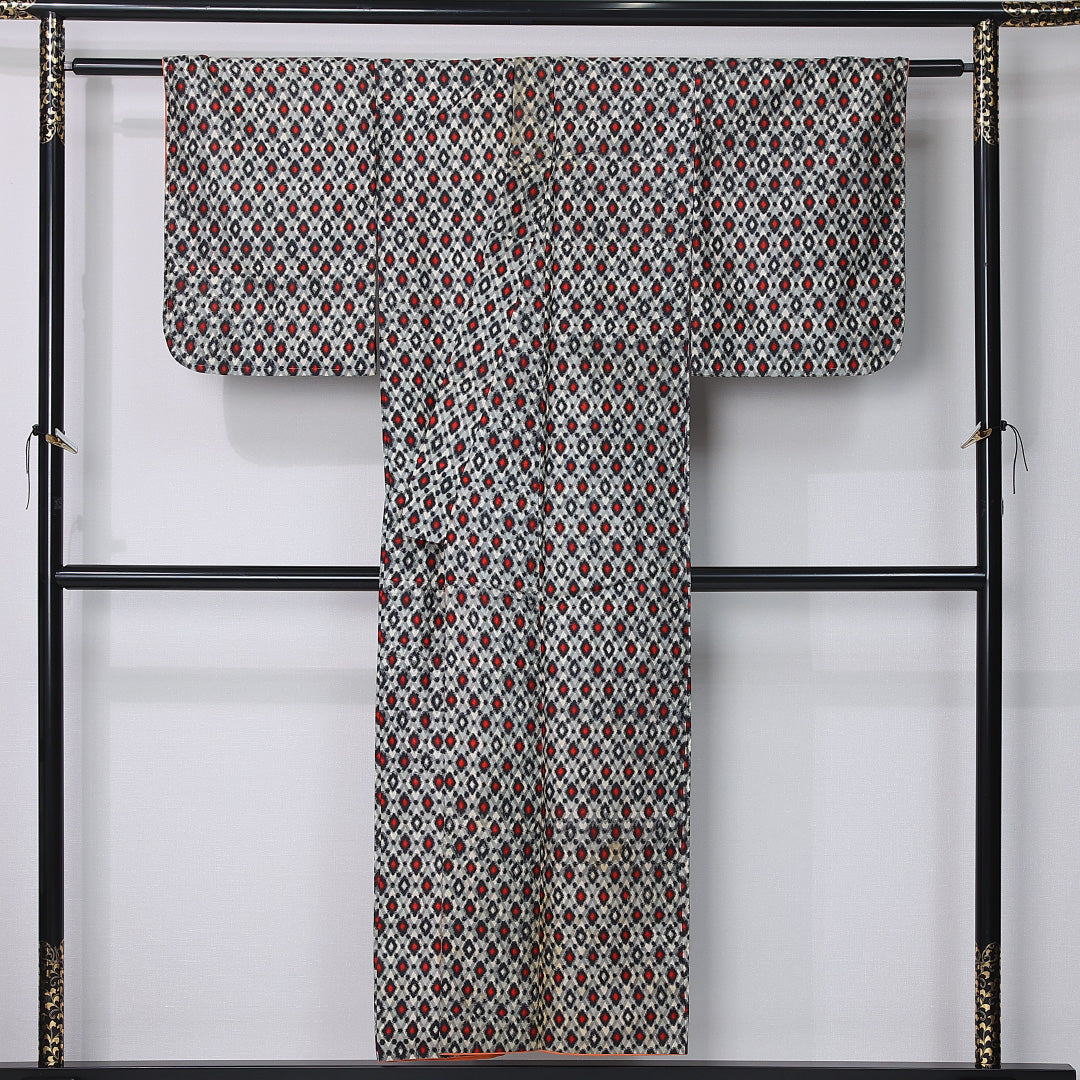 アンティーク 銘仙 身丈150cm 裄丈62cm Cランク S 正絹 袷 広衿 菱 グレー系 1216-12368