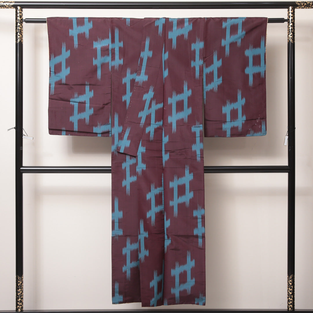 アンティーク 紬(銘仙) 袷 身丈148cm 裄丈61cm 正絹 Cランク XSサイズ 広衿 井絣 紫系 1216-03512