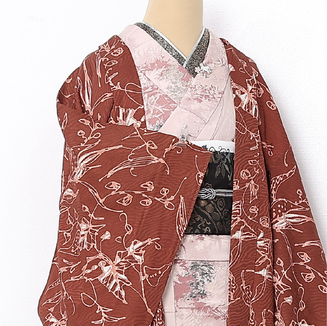 羽織 袷 身丈86cm 裄丈63cm 正絹 Cランク カジュアル Sサイズ 植物柄 茶系 HP 1232-12782