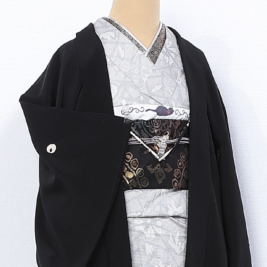 黒羽織 袷 身丈83cm 裄丈62cm 正絹 Aランク 三つ紋 (抱き茗荷) セミフォーマル Sサイズ 紐あり 無地 黒系 RP 1233-10288