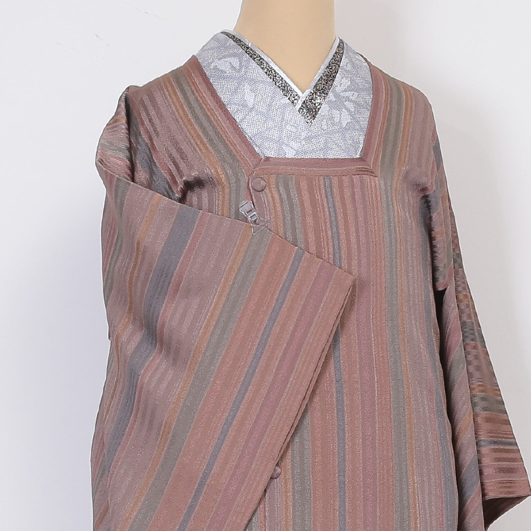 道行コート 袷 身丈91cm 裄丈65cm 正絹 Sランク Mサイズ フォーマル ガード加工 縞 ピンク系 ベージュ系 1263-05888