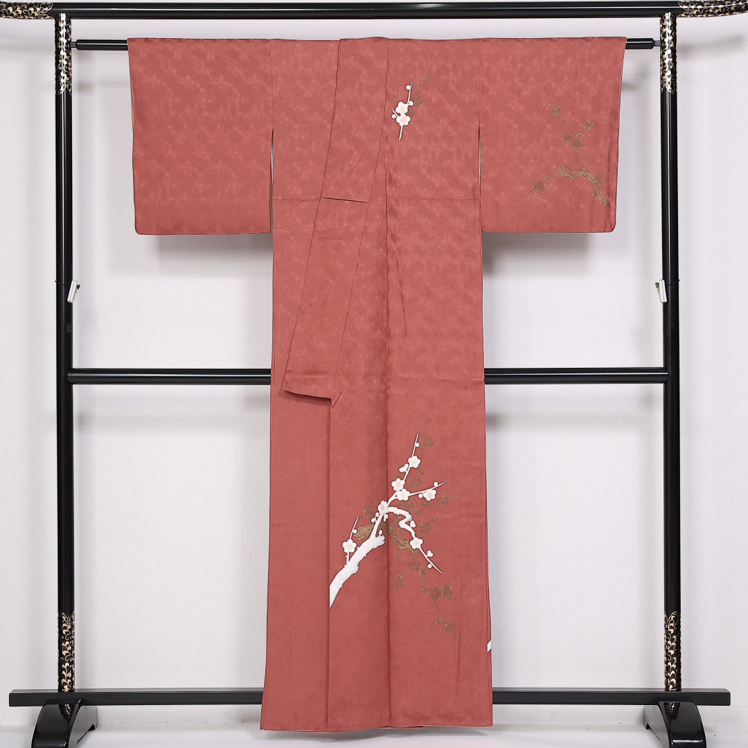 訪問着 袷 身丈158cm 裄丈62cm 正絹 Sランク セミフォーマル 広衿 Mサイズ 梅 赤系 RP 1217-04828