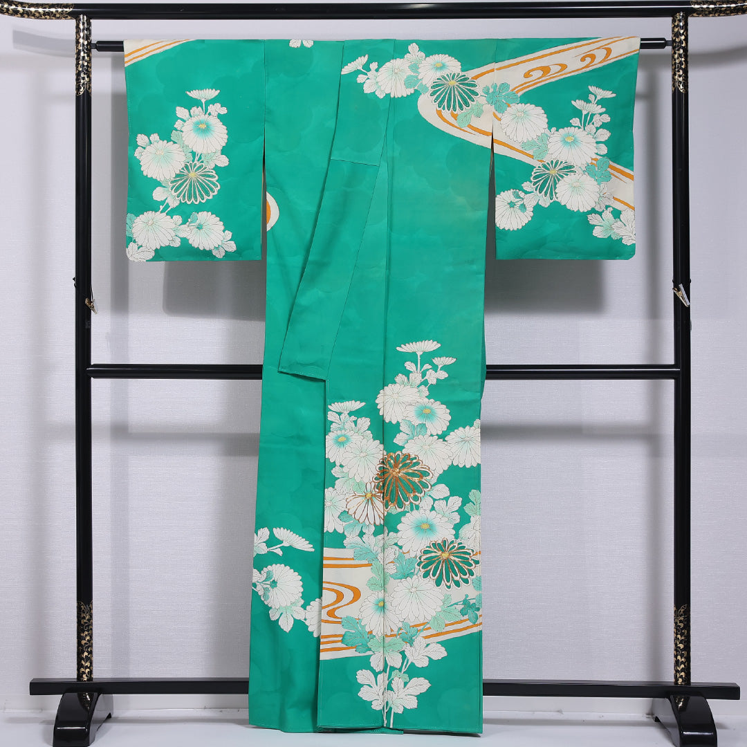 アンティーク 訪問着 袷 身丈162cm 裄丈63cm 正絹 Cランク 一つ紋 (上がり藤に扇子) 広衿 Lサイズ 金駒刺繍 流水 菊 緑系 RP 1217-11687