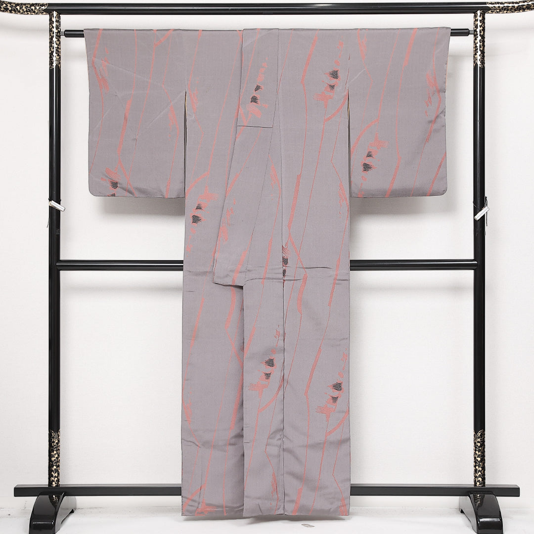 アンティーク お召 袷 身丈155cm 裄丈62cm 正絹 Bランク 広衿 Mサイズ グレー系 RP 1222-13581