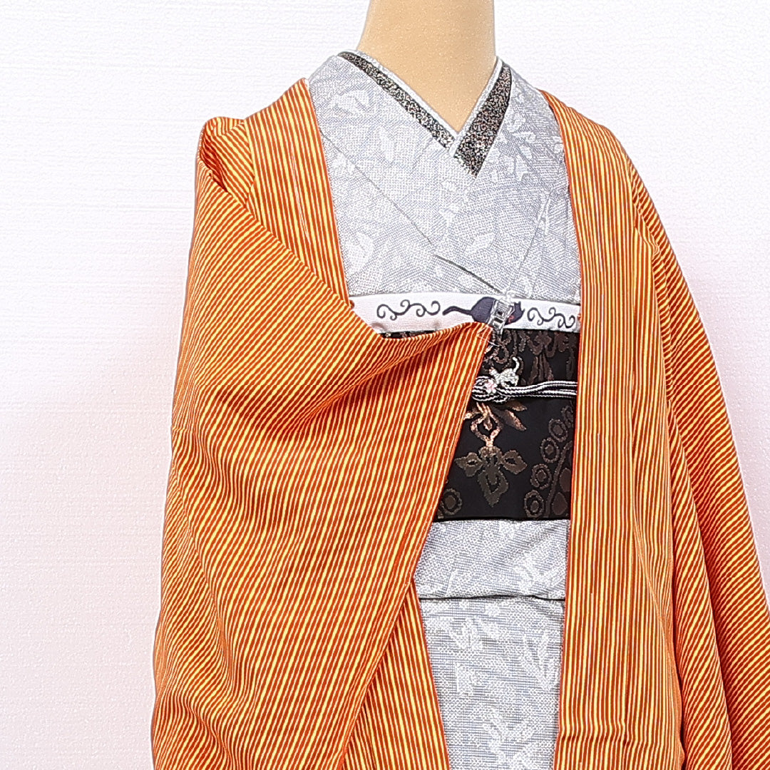 羽織 袷 身丈82cm 裄丈66cm 正絹 Sランク カジュアル Mサイズ 縞 朱系 RP 1232-11099