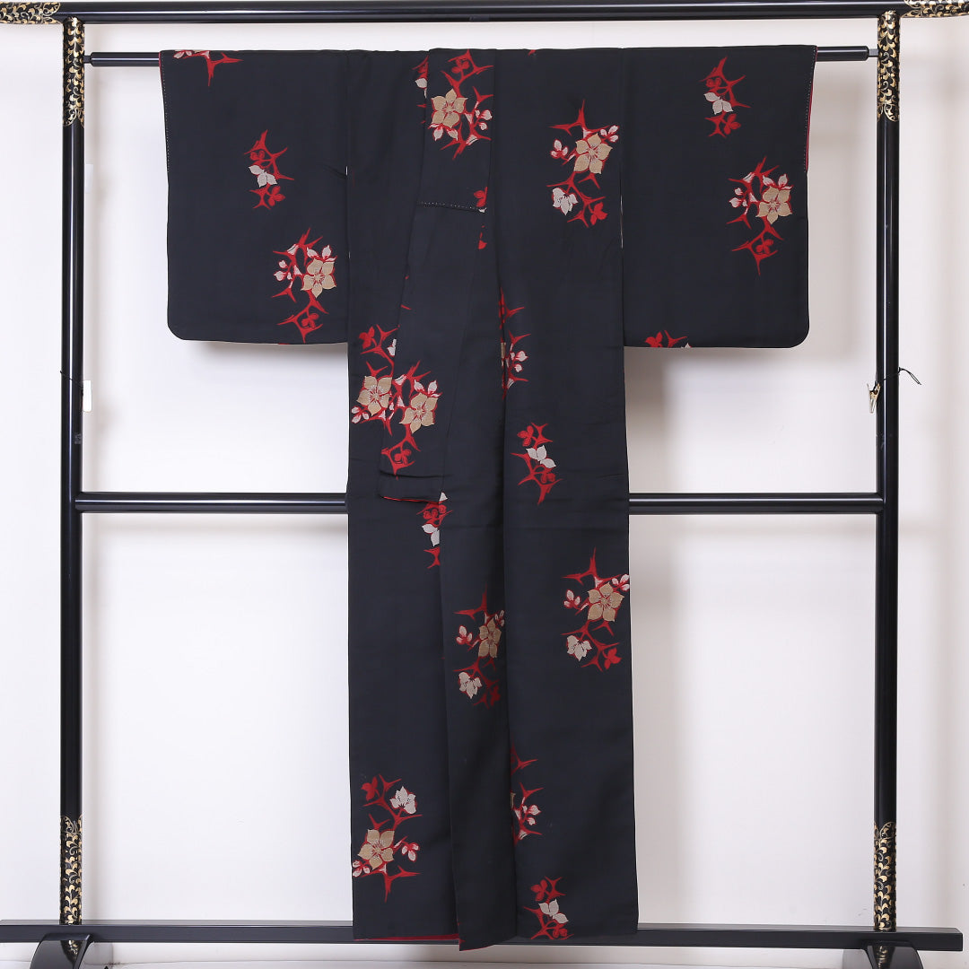 アンティーク お召 袷 身丈153cm 裄丈63cm 正絹 Bランク 広衿 Sサイズ 桔梗 黒系 RP 1222-03299