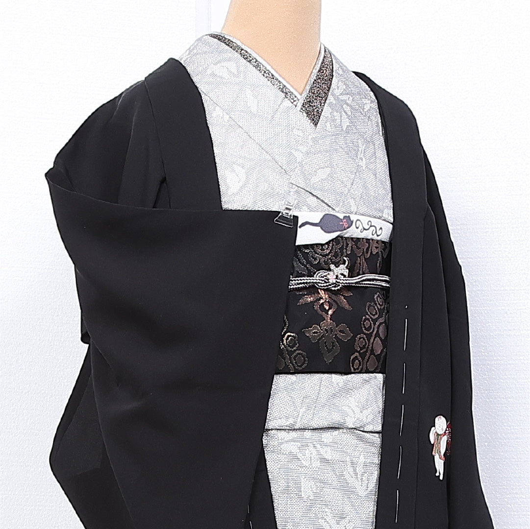 羽織 夏着物 身丈77cm 裄丈64.5cm M 正絹 Sランク 紗 一つ紋 木瓜 黒羽織 紐あり 唐子人形 夏物 1217-11147
