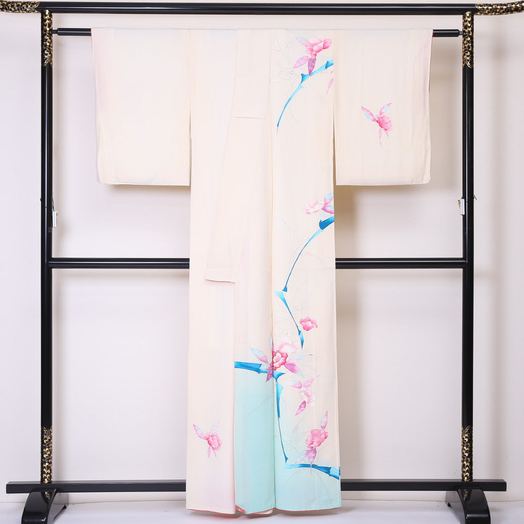 訪問着 袷 身丈161cm 裄丈62cm 正絹 Cランク Lサイズ 広衿 セミフォーマル 牡丹 金駒刺繍 クリーム系 1212-04478