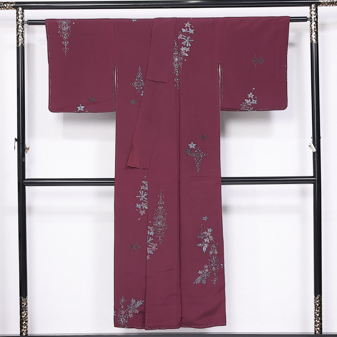 お召 袷 身丈147cm 裄丈61cm 正絹 Aランク インフォーマル 広衿 XSサイズ 漆糸 植物柄 紫系 RP 1222-11106