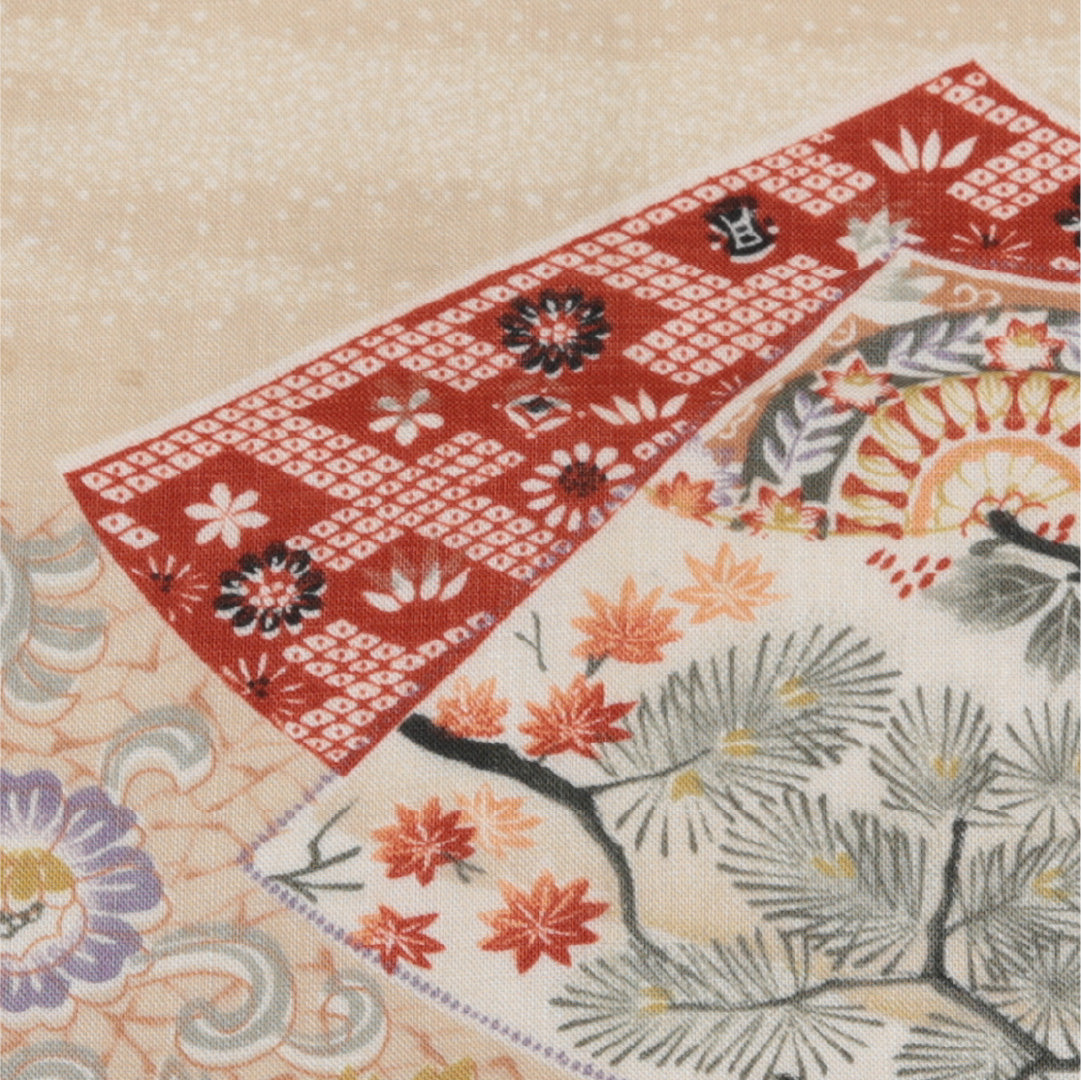 アンティーク 名古屋帯 帯丈360cm Aランク 開き仕立て 全通 木綿 檜扇 唐花 桜 リバーシブル セミフォーマル クリーム系 1224-01589