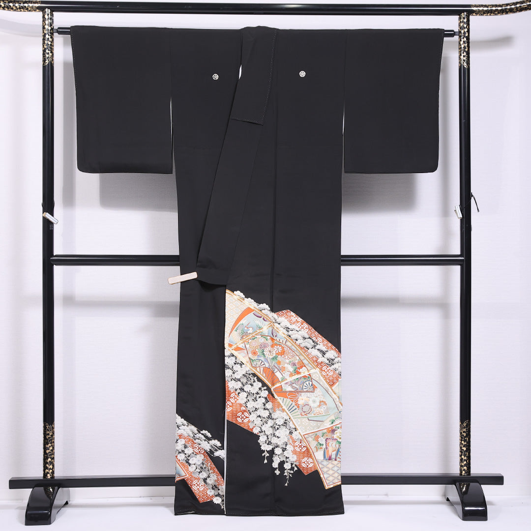 黒留袖 身丈165cm 裄丈64cm 袷 五つ紋 木瓜に桔梗 洗える着物 ポリエステル Aランク 広衿 金駒刺繡 檜扇 吉祥文様 比翼仕立て 1211-F0425