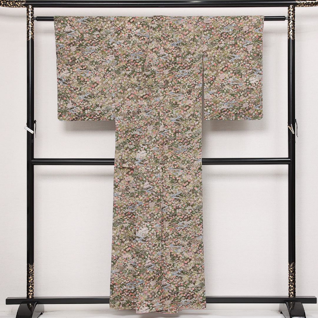 小紋 袷 身丈152cm 裄丈62cm 正絹 Aランク インフォーマル 広衿 Sサイズ 茶屋辻 緑系 RP 1221-13662