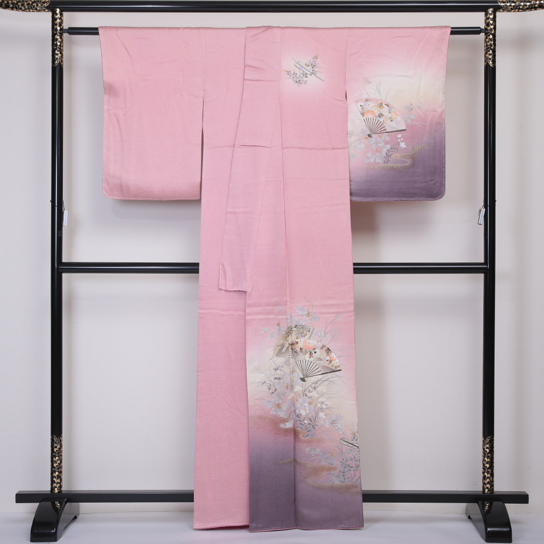訪問着 袷 身丈162cm 裄丈64cm 正絹 Sランク セミフォーマル 広衿 Lサイズ ぼかし染 金彩 扇 花柄 ピンク系 PO 1217-04534