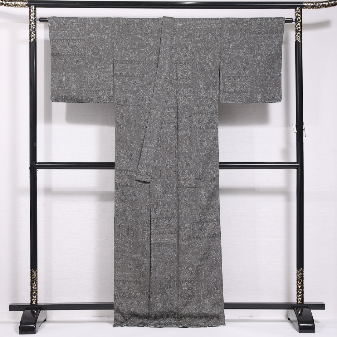紬 袷 身丈163cm 裄丈65cm 正絹 Sランク カジュアル バチ衿 Lサイズ 創作柄 緑系 RP 1223-11721