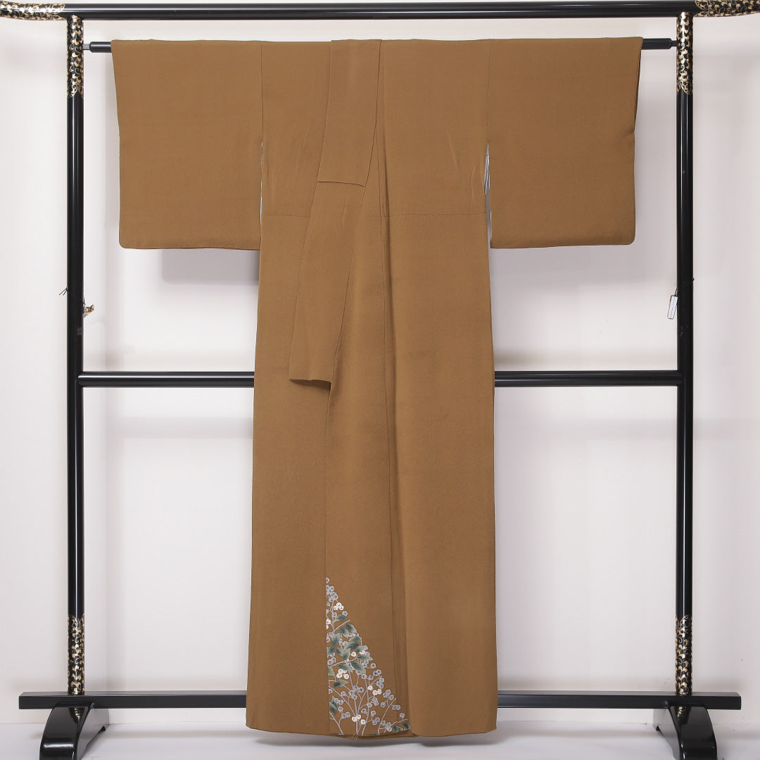 付下げ 袷 身丈159cm 裄丈67cm 正絹 Bランク Mサイズ 広衿 三つ紋(三つ巴) フォーマル 団栗色 植物柄 茶系 1261-04614