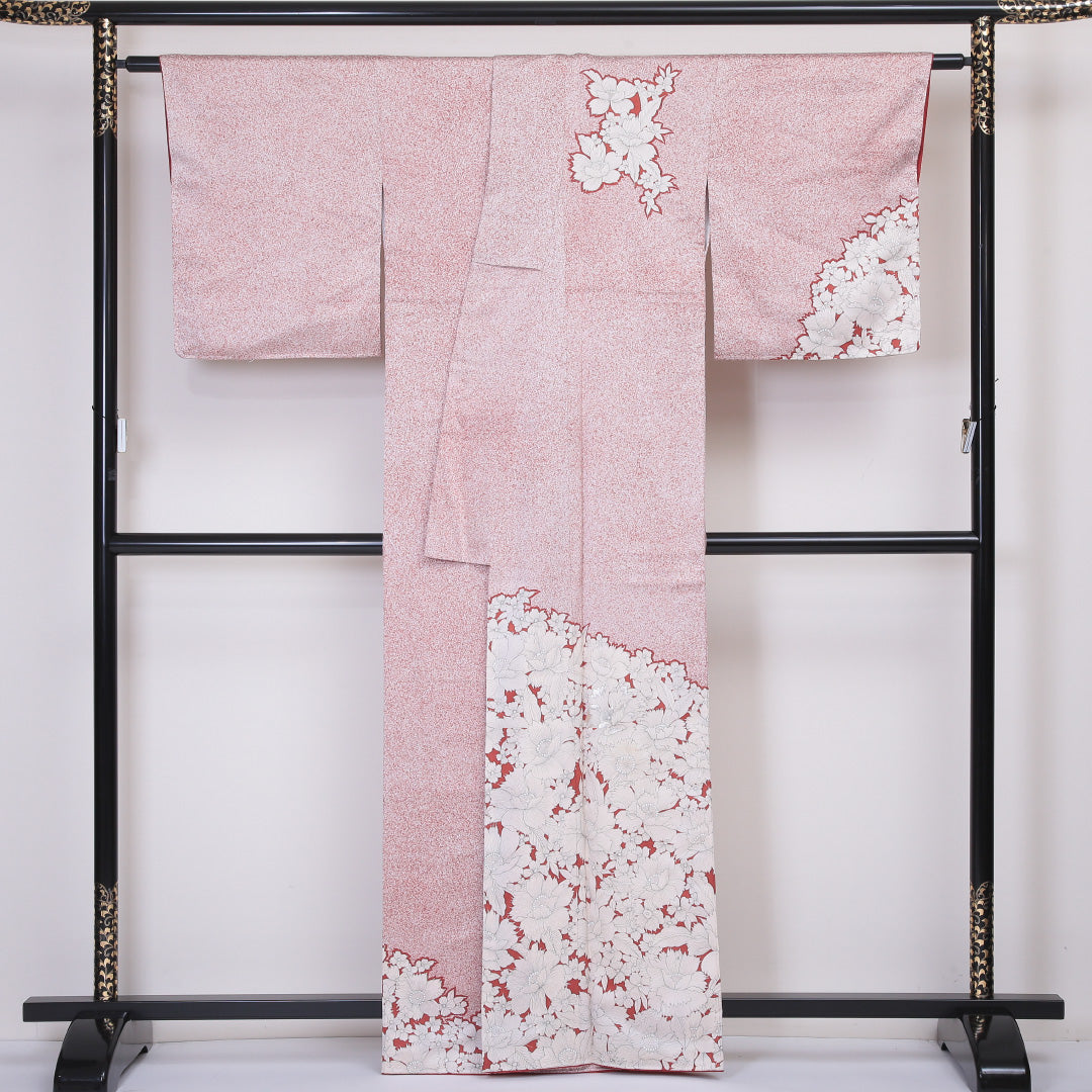 訪問着 袷 身丈160~164cm 裄66.5cm 正絹 牡丹 白系 Aランク 1212-00535