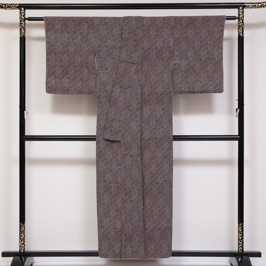 小紋 袷 身丈154cm 裄62cm 茶系 鹿の子 市松 正絹 Bランク 1215-01780-4214