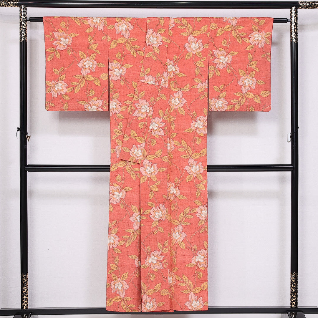 紬 袷 身丈152cm 裄丈63cm 正絹 Aランク カジュアル 広衿 Sサイズ 花柄 ピンク系 HP 1223-11023