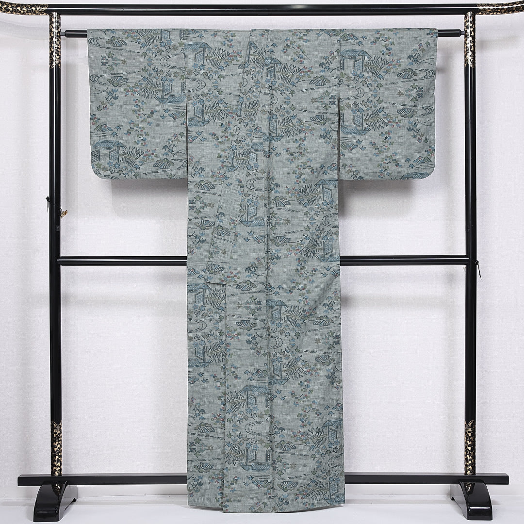 大島紬 袷 身丈162cm 裄丈64cm 正絹 Sランク インフォーマル バチ衿 Lサイズ 茶屋辻 緑系 RP 1223-11244
