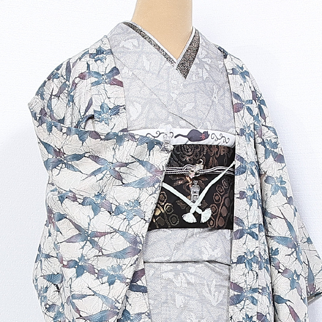 羽織 袷 身丈80cm 裄丈62cm 正絹 Bランク カジュアル Sサイズ 紐あり 植物柄 白系 RP 1232-10296