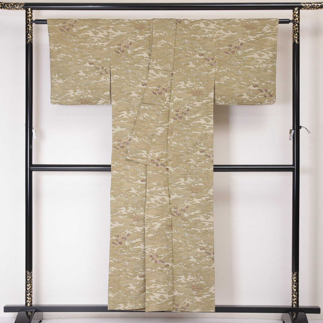 洗える着物 紬 単衣 身丈153cm 裄丈62cm ポリエステル Sランク カジュアル 広衿 Sサイズ 茶屋辻 ベージュ系 RP 1223-03393