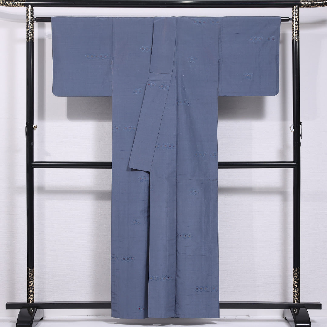 小紋 単衣 身丈157cm 裄丈63cm 正絹 Cランク インフォーマル 広衿 Mサイズ 創作柄 水色系 LP 1221-11844