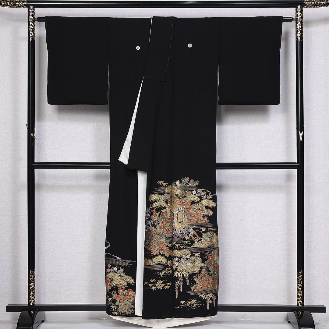 黒留袖 五つ紋 源氏車 身丈155cm 裄丈64.5cm Aランク 正絹 袷 比翼 広衿 M 金箔 御所解 藤 フォーマル 黒系 1211-F0302