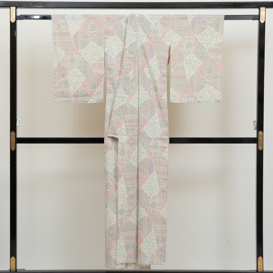 小紋 単衣 身丈150cm 裄63cm クリーム系 ウール Aランク 1215010243215