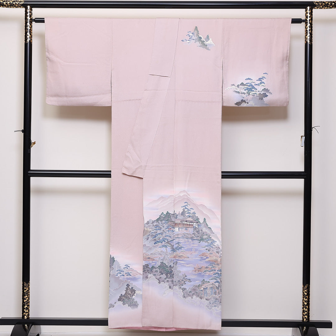 訪問着 袷 身丈156cm 裄丈64cm 正絹 Aランク セミフォーマル 広衿 Mサイズ 風景柄 ピンク系 RP 1217-04665