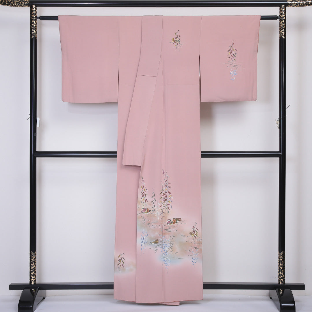 訪問着 袷 身丈160cm 裄丈63cm 正絹 Aランク セミフォーマル 広衿 Lサイズ ぼかし染 金彩 鴛鴦 ピンク系 PO 1217-04545
