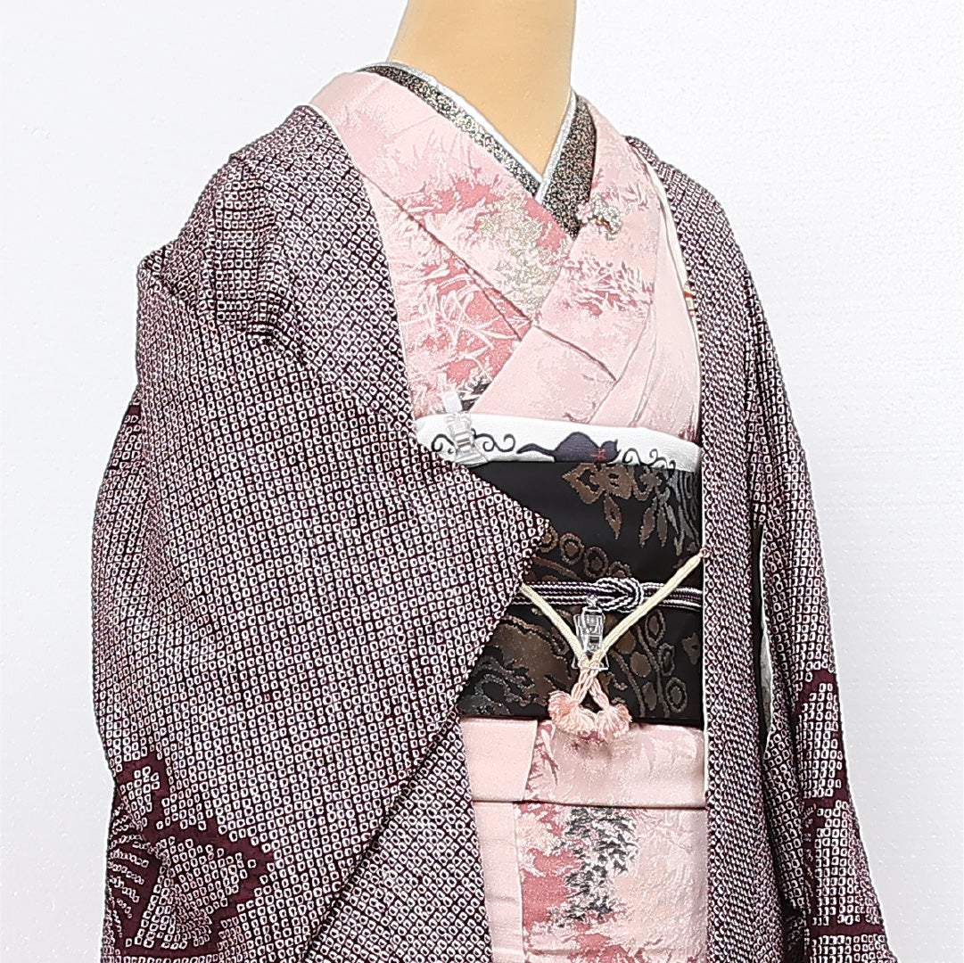 絵羽羽織 袷 身丈77cm 裄丈62cm 正絹 Aランク インフォーマル Sサイズ 紐あり 蝶 紫系 RP 1234-13413